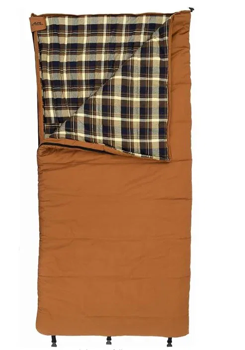 Brown sleeping bag with plaid lining