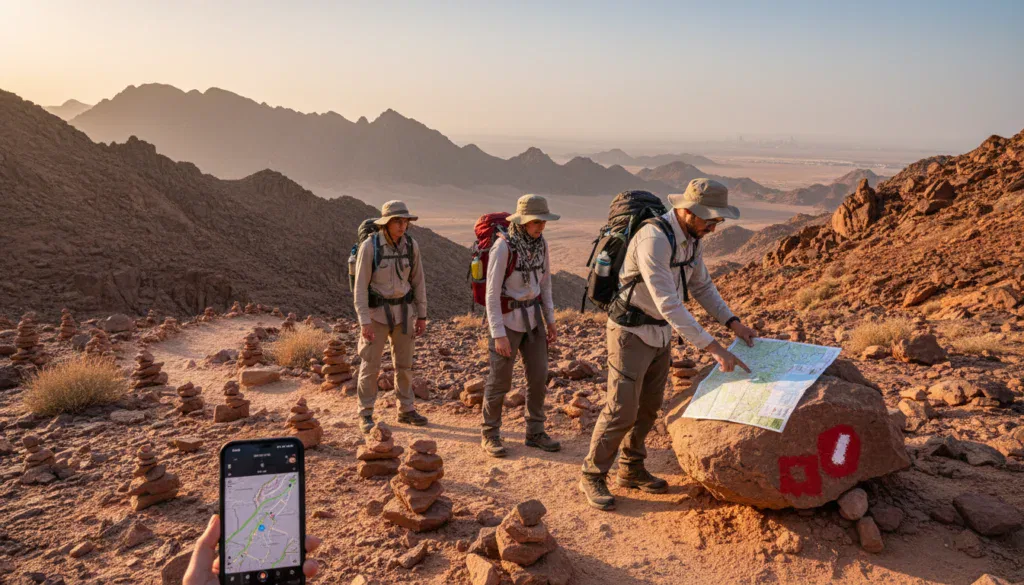 Hikers following safety protocols on a Dubai mountain trail with proper gear