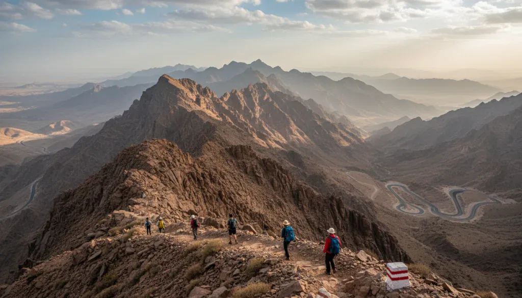 View from Jebel Jais showing hikers on the Ghaf Summit Trail with mountain panorama