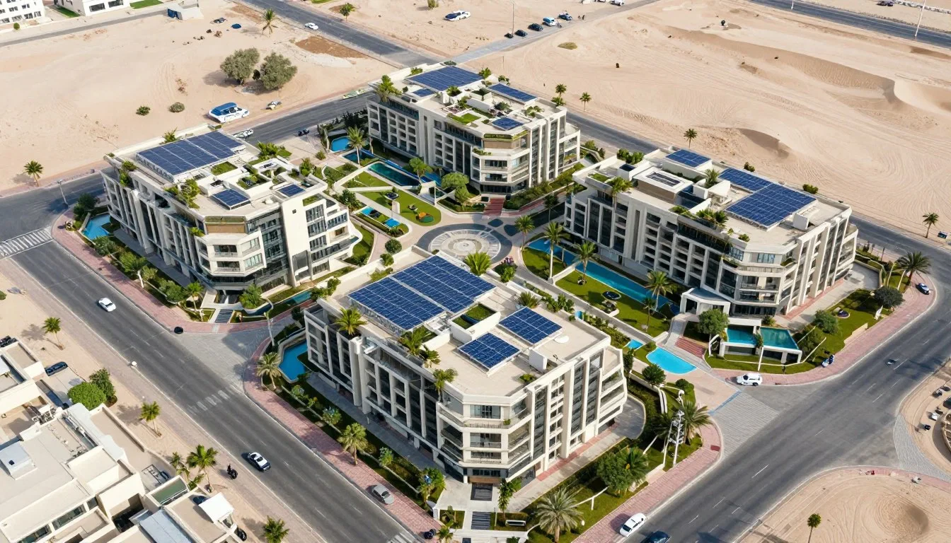 Aerial view of green communities in Dubai showing sustainable architecture and lush landscapes