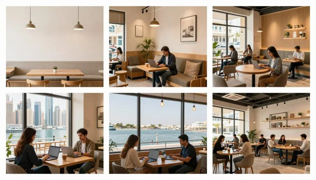 Comparison of different coffee shops in Dubai Marina showing various workspaces and atmospheres
