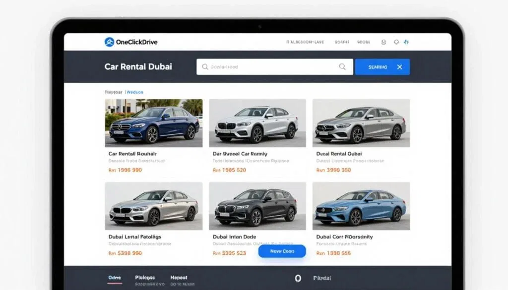OneClickDrive website interface showing car rental options in Dubai