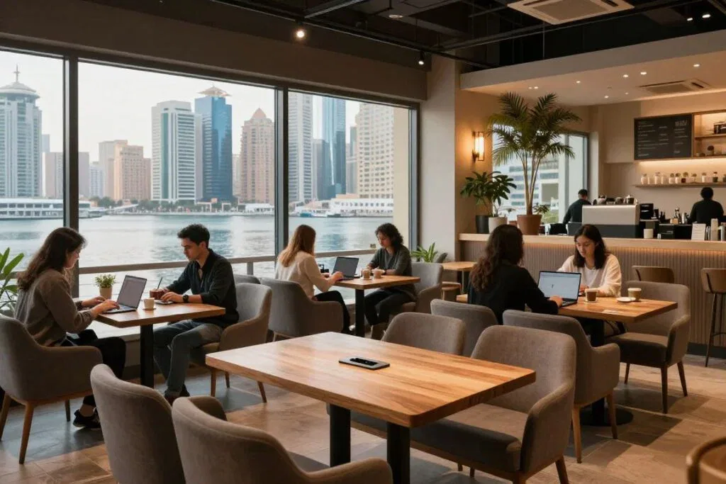 Risen at Millennium Place interior with relaxed workspace and greenery
