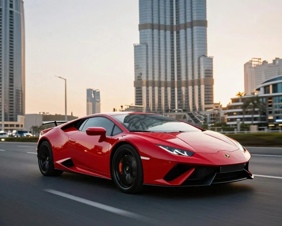 Exotic sports car driving on Sheikh Zayed Road with Dubai skyline