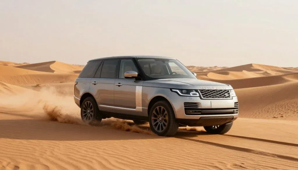 Luxury SUV driving through Dubai desert dunes