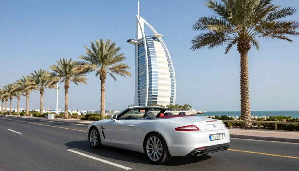 Luxury car driving on Jumeirah Beach Road with Burj Al Arab view