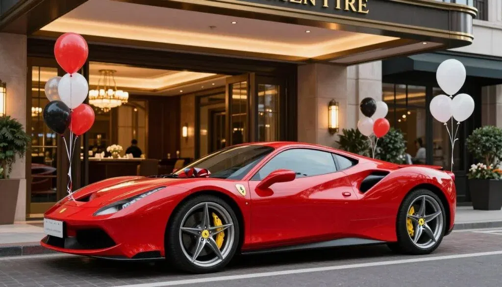 Luxury sports car with birthday celebration decorations