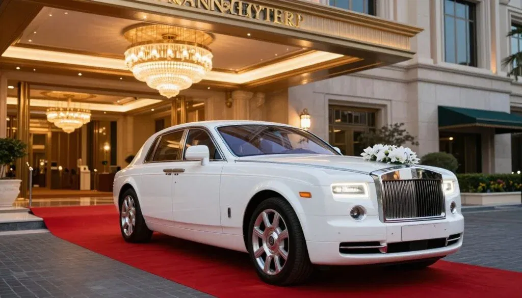 White Rolls Royce Phantom decorated for wedding ceremony