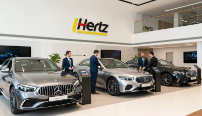 Hertz car rental office in Dubai with luxury vehicles on display