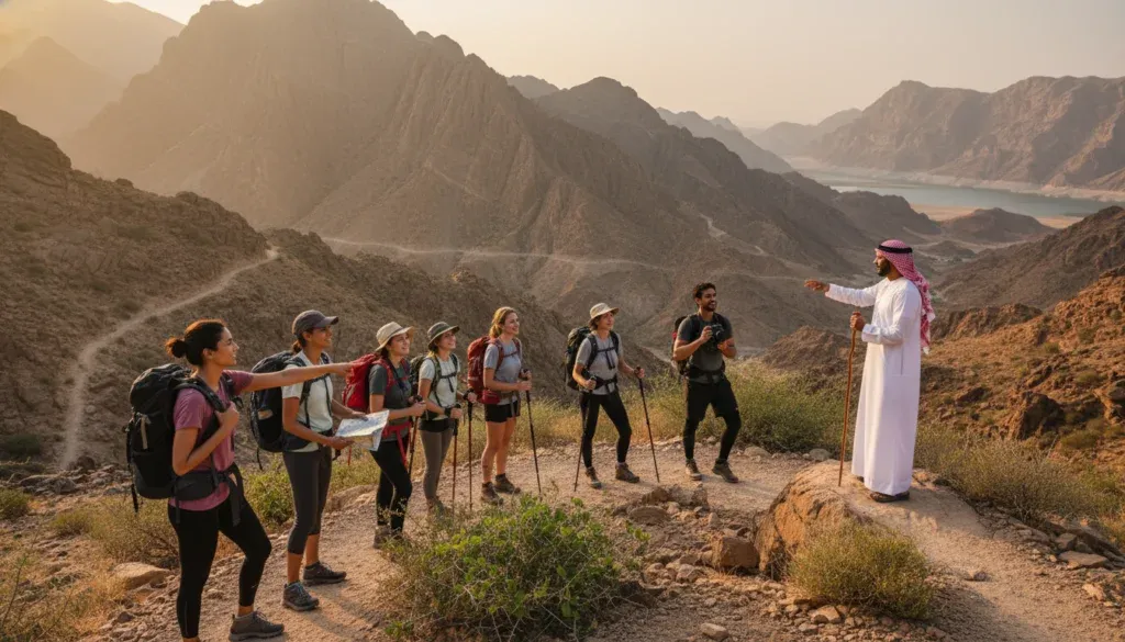 A guided hiking group in the Hajar mountains with a local expert leading the way