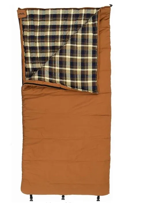 Brown sleeping bag with plaid lining