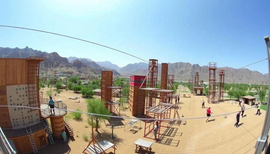 Adventure activities at Hatta Wadi Hub including zip lines and obstacle courses