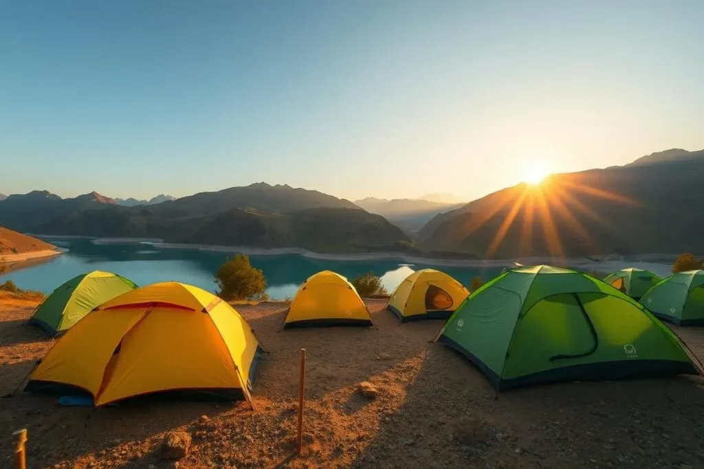 Camping spot near Hatta Dam with tents and mountain views