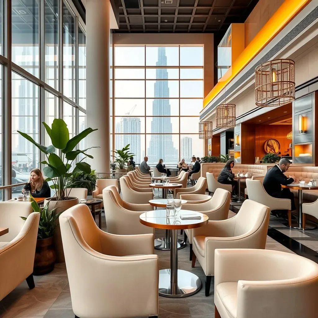 Cozy seating area in a premium coffee shop in Dubai Mall with views of Burj Khalifa