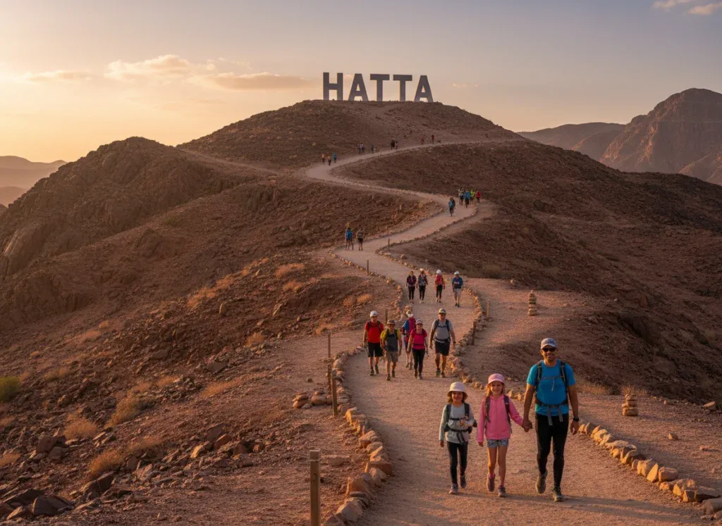 Hikers on the trail to the Hatta sign with mountain views in Dubai