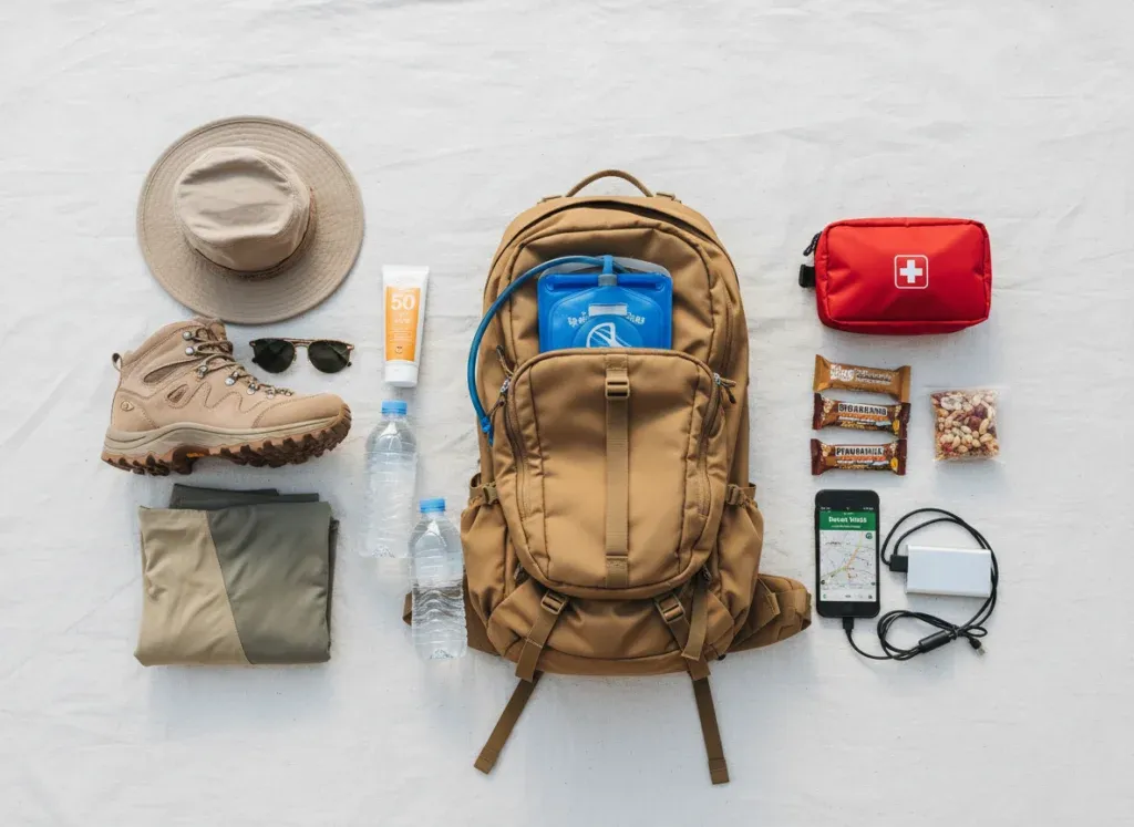 Hiking gear essentials laid out including water bottles, hat, sunscreen, and proper footwear for Dubai hiking