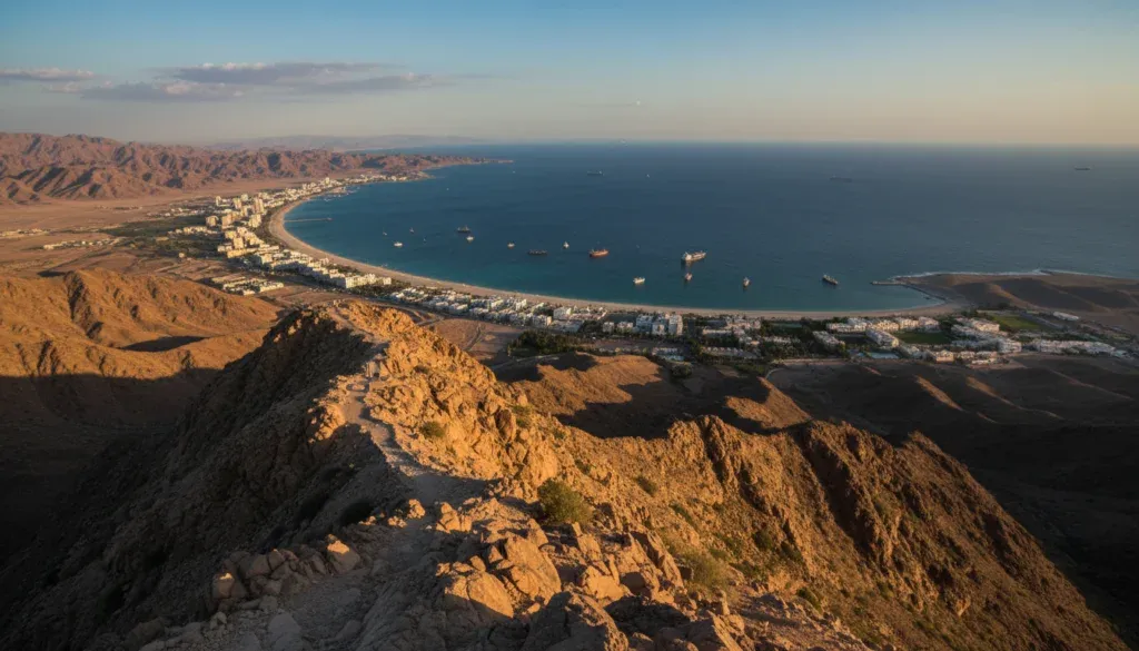 Panoramic view from Al Rabi Tower Trail showing Khorfakkan and the Gulf of Oman