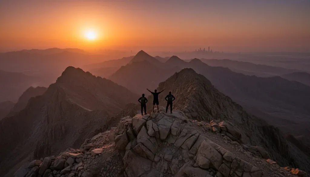 Sunset view of hikers enjoying panoramic vistas of mountains near Dubai