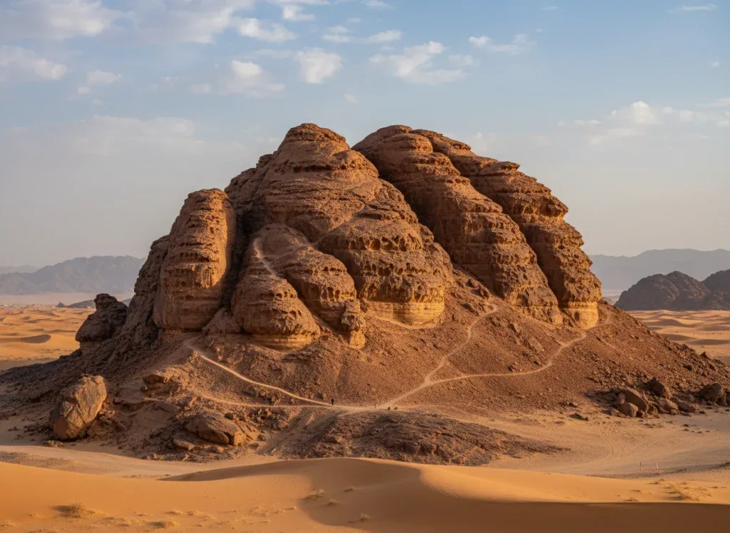 The distinctive orange-colored Fossil Rock formation with visible hiking path