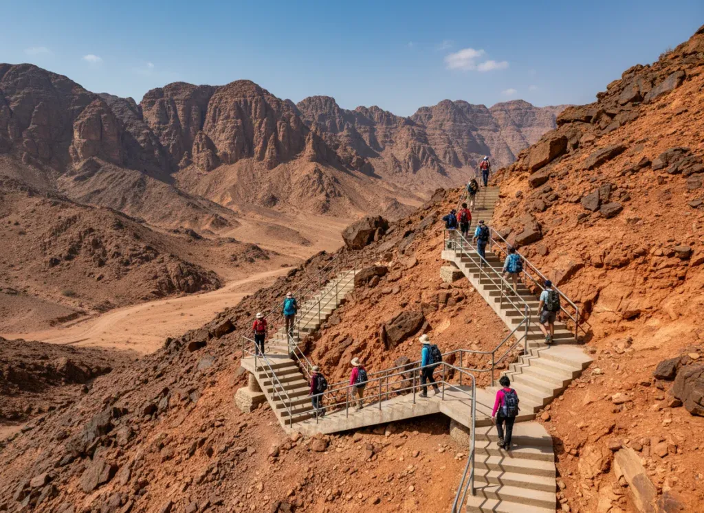 The rocky trail at Wadi Shawka with hikers climbing steps near Dubai