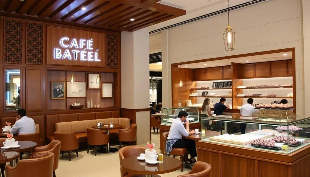 Warm interior of Café Bateel in Dubai Mall with its signature date displays and Arabic influences