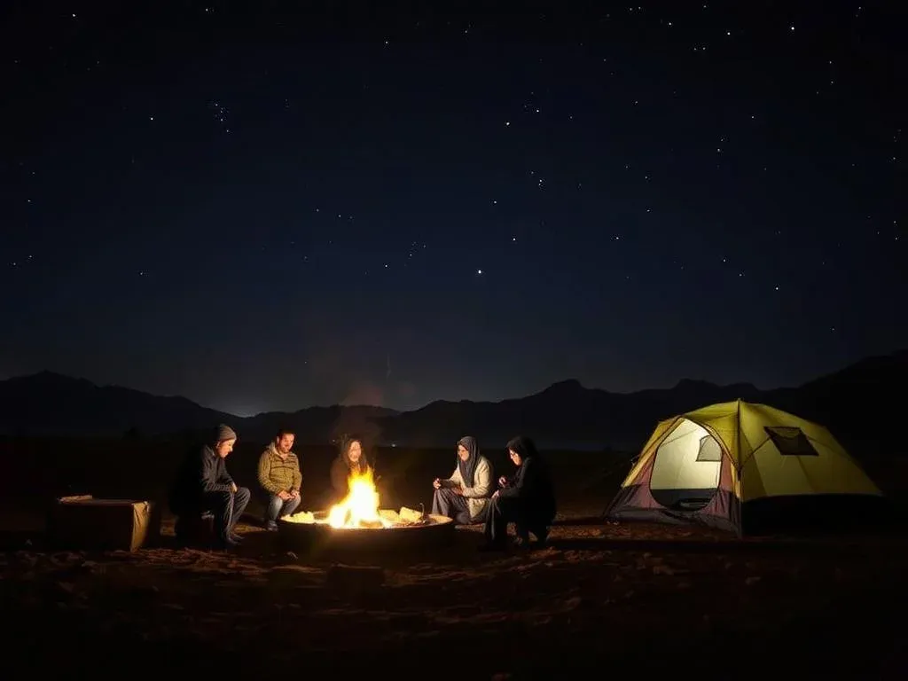 Winter camping scene in Hatta with people gathered around a campfire