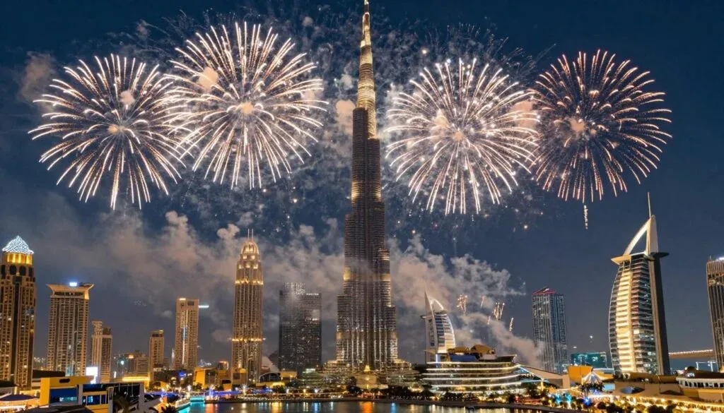 Eid Al-Fitr fireworks over Dubai skyline marking the end of Ramadan 2026 Eid Al-Fitr fireworks over Dubai skyline marking the end of Ramadan 2026