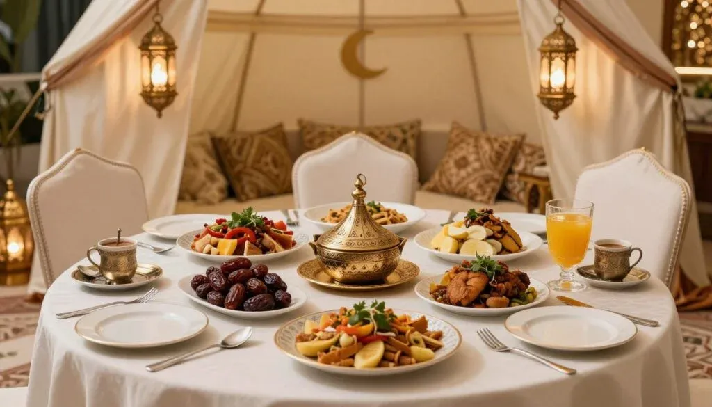 Luxurious Iftar setup in Dubai during Ramadan 2026 with traditional foods and decorations Luxurious Iftar setup in Dubai during Ramadan 2026 with traditional foods and decorations
