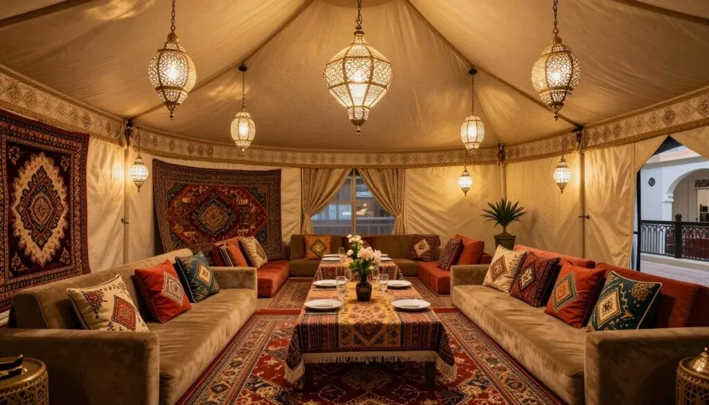 Luxurious Ramadan tent interior in Dubai with traditional decor for 2026 Luxurious Ramadan tent interior in Dubai with traditional decor for 2026