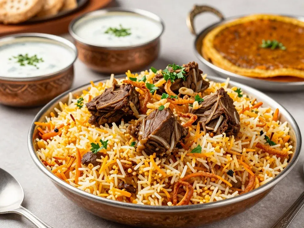 Pak Liyari's famous mutton biryani served in Dubai with traditional accompaniments