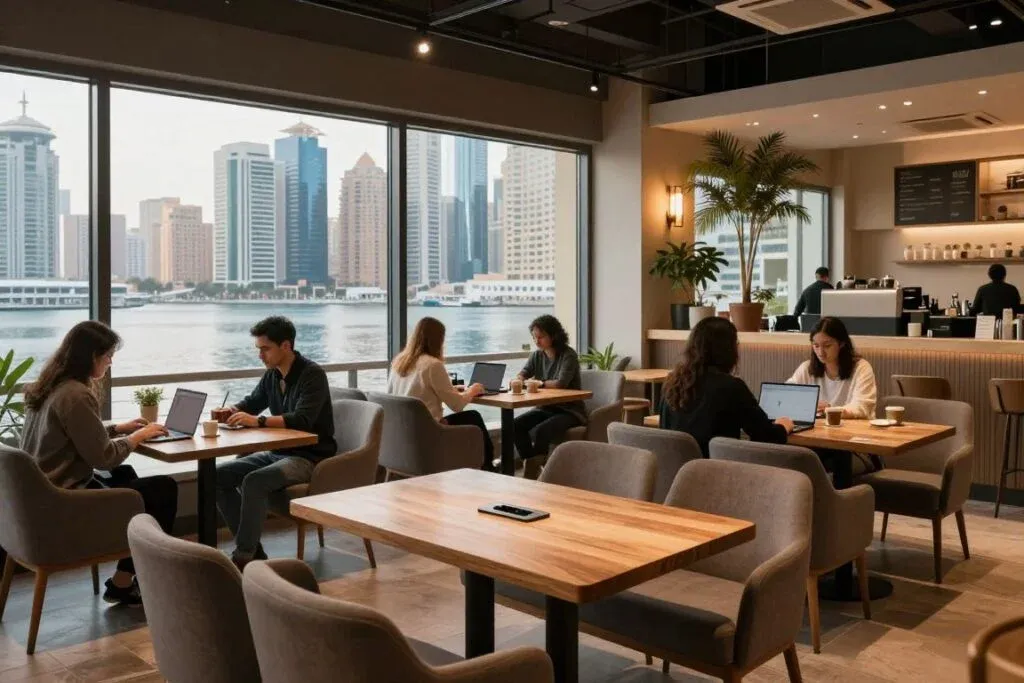 Risen at Millennium Place interior with relaxed workspace and greenery