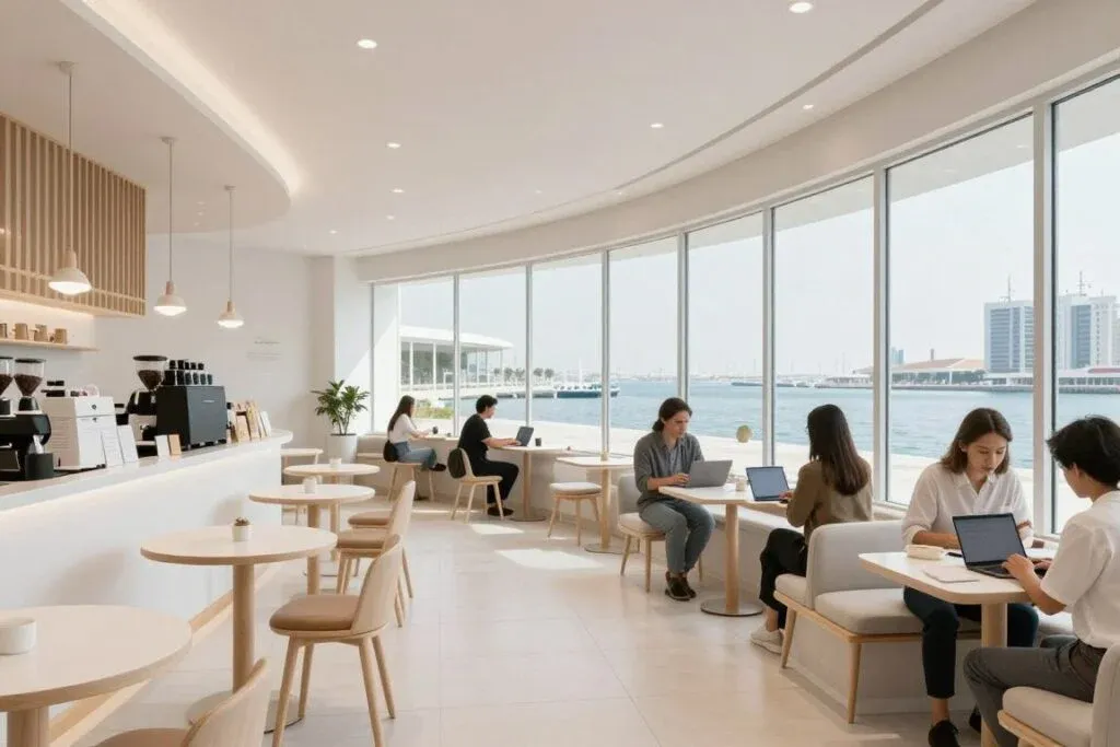 Starbucks JBR Walk interior with coastal vibes and seating suitable for laptops