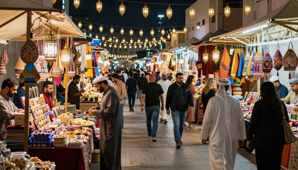 Vibrant Ramadan Night Market in Dubai 2026 with shoppers and traditional goods Vibrant Ramadan Night Market in Dubai 2026 with shoppers and traditional goods