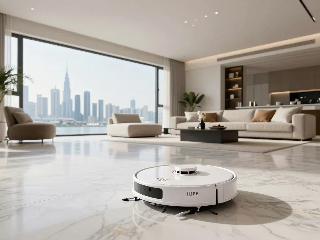 ILIFE V8s robot vacuum with slim profile cleaning large open marble living room
