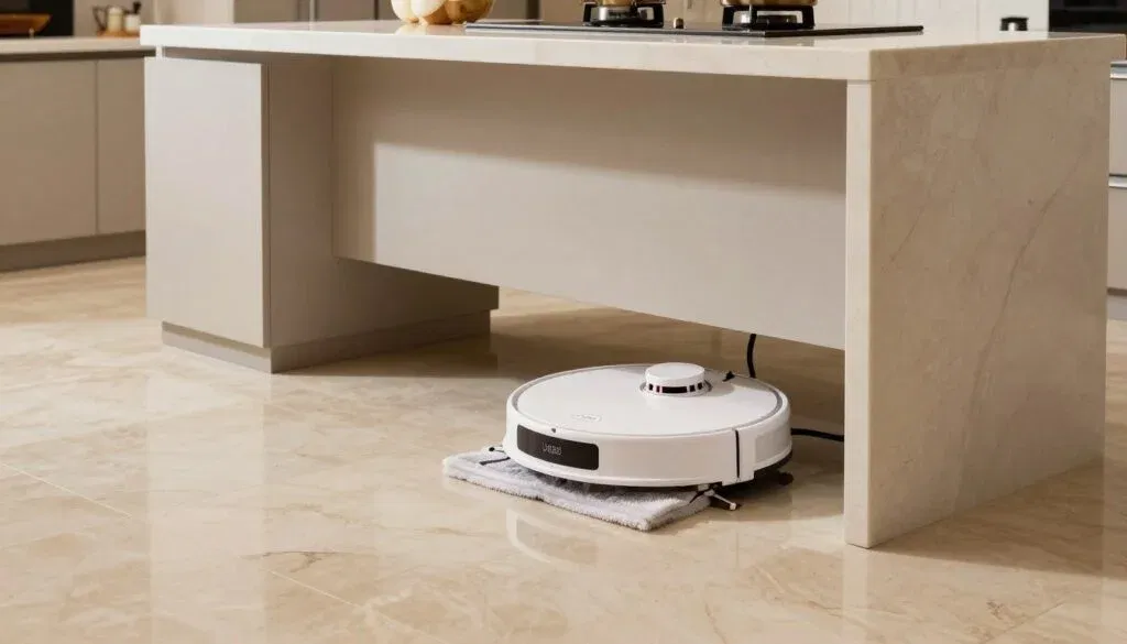 Yeedi Cube robot vacuum cleaning under marble kitchen island with low clearance