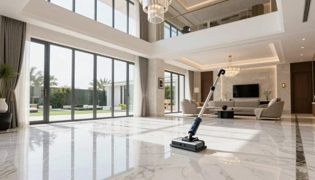 clean pristine marble floor reflecting light in luxurious UAE villa living room