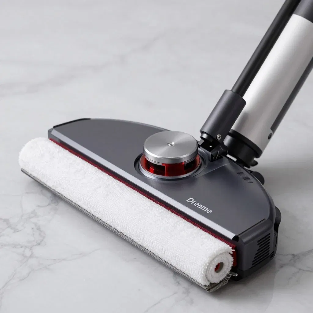 close-up of Dreame L10s Ultra extending mop pad mechanism on marble surface