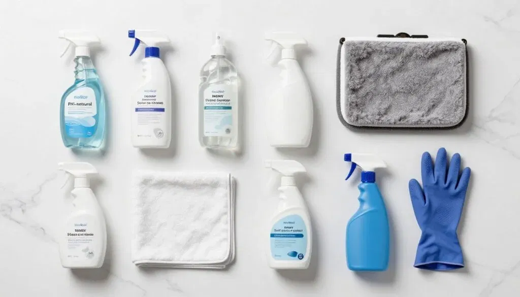 marble floor maintenance supplies including microfiber cloths and pH-neutral cleaner bottles