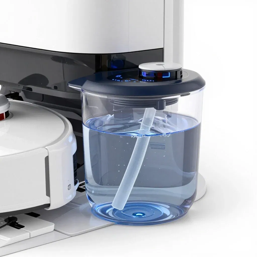 robot mop water tank system with clear container showing clean water and adjustable flow controls