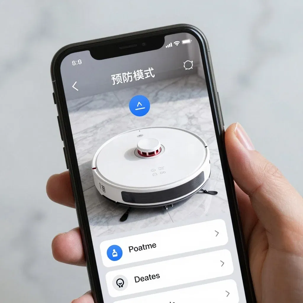 smartphone showing robot mop app interface with marble floor settings configured