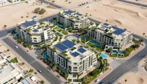 Aerial view of green communities in Dubai showing sustainable architecture and lush landscapes
